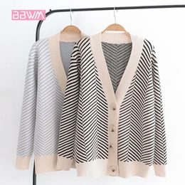 Autumn Women's New Sweater Korean Version of The Loose Striped Sweater Cardigan Long-sleeved V-neck Versatile Jacket 201109