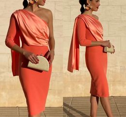 Elegant Orange Pink Sheath Short Cocktail Party Dress with Draping One Shoulder 3/4 Length Sleeve Knee Length Birthday Gowns Custom Made