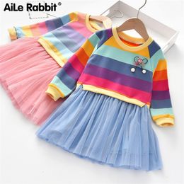 2020 New Arrival Girls Dresses Spring Long Sleeve Striped Colourful Colour Rainbow Children's Clothing Princess Fluffy Party Dress LJ200923