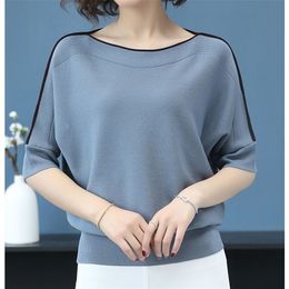Loose Autumn Half Sleeve Female Pullover Sweater Casual Blue Tops Women Plus Size Knitted Korea Sweaters Ladies Thin Pull Top 201030