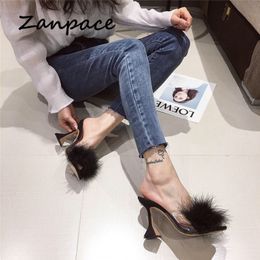 ZANPACE Large Size 35-45 Women Furry Slides Indoor Home Slippers Crystal High Heel Shoes for Women Fur Heel Clear Sandals X1020