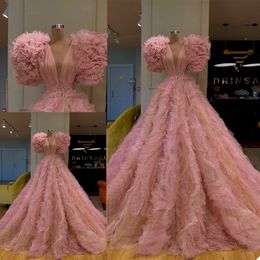 Evening Ruffle Tulle Custom Made V Neck Stones Beading Prom Dresses Sweep Train Party Gowns