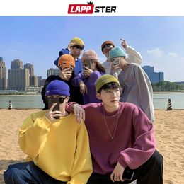 LAPPSTER Men Japanese Streetwear Solid Hoodies Fall Hip Hop Korean Sweatshirts Hoodies velvet Colourful Clothing Plus Size 201027