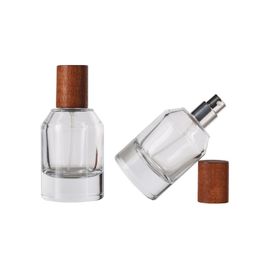 Spray Mist Bottle Perfume Atomizer Gold Silver Crimp Pump Thick Bottom Round Glass Wood Lid 35ml Empty Clear Cosmetic Refillable Bottles Packaging Container