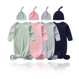 Newborn Sleeping Bags Baby Swaddle Hat 2 Pcs Wrap Toddler Solid Cotton Knot Swaddling Sacks Sleep Clothes M4050