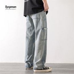 Loose Street Style Straight Cargo Pants Jeans Men Fashion Brand Wide Leg Overalls Retro Trend Leisure Youth Denim Baggy 220311