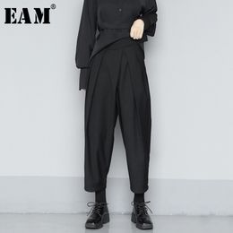 [EAM] High Waist Black Split Joint Pleated Long Wide Leg Trousers New Loose Fit Pants Women Fashion Spring Summer 1U360 201111