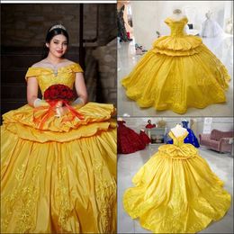 Chic Yellow Ball Gown Quinceanera Dresses Cupcake taffeta Ruffles Tiered Off The Shoulder Ball Gowns Formal Dress Evening Women Sweet 16