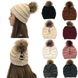 New Style Horsetail Hat Winter Warm Female Pom Pom Hat For Womens Foldable Knitted Casual Beanies Cap Thick Hat DLH489