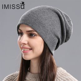 IMISSU Design Fashionable Autumn Winter Hats Unisex Knitted Real Wool Beanie Solid Colours Ski Gorros Casual Caps Warm Muts Hat Y201024