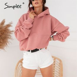 Simplee Causal pink short women fleece sweatshirt Long sleeve autumn winter oversized hoodies top loose female shirt pull femme 200924