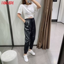 Tangada fashion women faux leather pants long trousers strethy waist pockets female pants BE111 201111