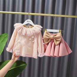 Sweet Girls Princess Clothes Set Baby Kids Children Autumn Long Sleeve Ruffle Mesh T-shirt Tops+Bow Pleated Skirt Suit ADK465 220307