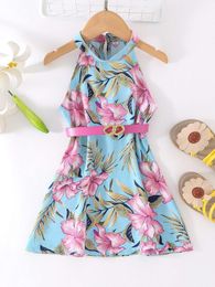 Toddler Girl Floral Print Key Hole Back Dress Without Belt SHE