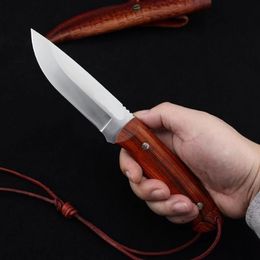 High Quality Outdoor Survival Straight Hunting Knife VG10 Satin Drop Point Blade Ebony Handle Fixed Blade Knives With Leather Sheath