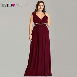Ever Pretty Plus Size Formal Evening Dresses Long Women Elegant Burgundy V Neck Chiffon Empire Party Gown Robe De Soiree LJ201224