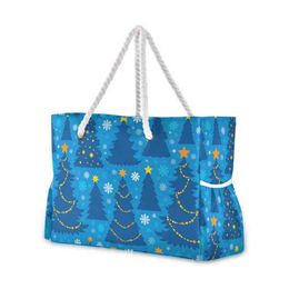 Shopping Bags Beach Tote Bag Large Capacity Blue Christmas Tree Print Underarm Shoulder Bags For Women Fashion Ladies Daily Shopping Handbag 220310