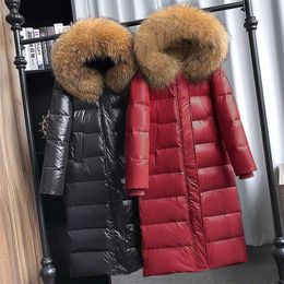 Large Natural Raccoon Fur Collar Hooded Winter Down Jacket Women 90% White Duck Thick Warm Park Female Long Snow Coat 211223