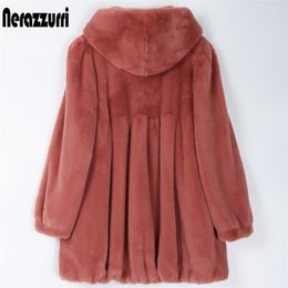 Nerazzurri Pleated light soft faux fur coat women with hood Skirted fluffy jackets for women Womens plus size fall fashion 201212