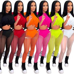 Summer Sexy Mesh Two Piece Pants Tracksuits For Women 2 Piece Sets Crop Tops See Through Leggings Fashion Solid Outfits
