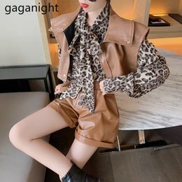 Gaganight Vintage Elegant Women Three Pieces Set Leopard Blouse PU Leather Crop Vest Chic Short Korean Suit Lady Dropshipping 201119