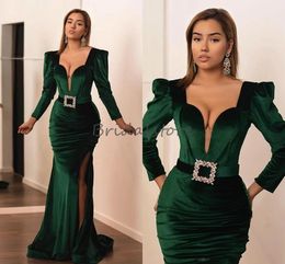 Vintage Green Velvet Mermaid Prom Dresses With Slit Elegant Long Sleeve Plus Size Evening Dress 2021 Beaded Sash Formal Graduation Dresses