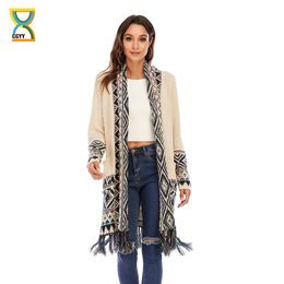 CGYY Women's Colourful Boho Sweater White Colour Knitted Open Front Spring Autumn Winter Cardigan With Fringe Tassel And Pockets 210204