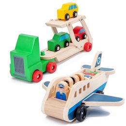Children Wooden Double-Decker Truck Aeroplane Transport Set Simulation Model Toys Kid's Wooden Educational Toy Gifts For Children LJ200930