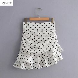 Women fashion polka dot print pleated asymmetrical skirt faldas mujer ladies back zipper vestidos chic ruffles skirts LJ200825