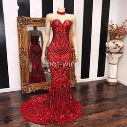 Nowy Rok Długie Eleganckie Czerwone Mermaid Prom Dresses Sweetheart African Women Black Girl Cekiny Suknia Wieczorowa Custom Made EE