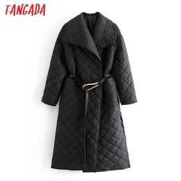 Tangada Women Black Long Parkas With Belt Pockets Autumn Winter Female Office Lady Elegant Overcoat QN50 210203