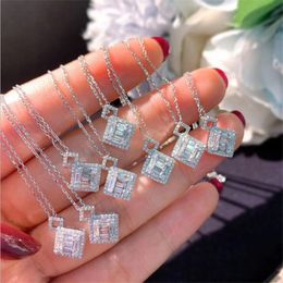 Sparkling Luxury Jewellery 925 Sterling Silver T Princess Cut White Topaz CZ Diamond Gemstones Square Pendant Women Clavicle Necklace Gift