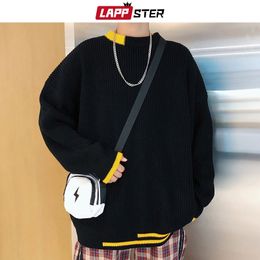 LAPPSTER Men Korean Patchwork Sweaters Pullovers Mens Black Fashions Casual Oversized Knitted Sweater Autumn Oversized Tops 201022