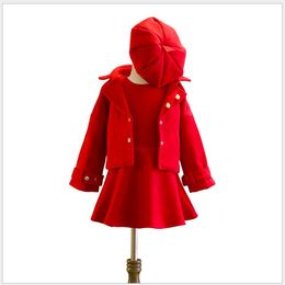 2021 New Arrivals Girls Clothing Autumn Winter Girl Red Coats+Dresses+Hats 3pcs Sets Kids Suit Children Outfits