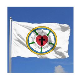 Heart Lutheran Rose Flags Outdoor 3x5ft Digital Printing Double Sided 100D Polyester with 2 Brass Grommets