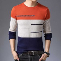 Autumn Winter Pullover Men Round Collar Striped Cotton Sweaters Slim Fit Pull Homme Knitwear 211221