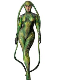 Novelty Cosplay Costume Green Printed Spandex Stretch Skinny Jumpsuit Tights Men Women Halloween Rave Festival Party Stage Wear Role-playing Performance Clothes