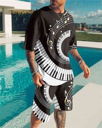 2021 Summer Men's T-shirt Creative 3D Piano Print Short Sleeve Shorts O-Neck Suit Men's Two-piece Set G1222