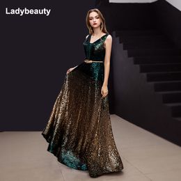 Ladybeauty 2020 New arrival Gradient Sequined Evening Dress V-Neck sleeveless Simple Evening Gowns Long Party perspective Dresse LJ201124