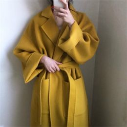Women yellow Elegant Winter wool Overcoat Long Bandage Woollen Coat Cardigan Loose Plus Size outwear with pocket turn down collar 201214