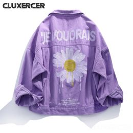 Women Luxury Floral Embroidered Denim Jacket Streetwear Casual Chic Purple Loose Jeans Jacket Coat 201109