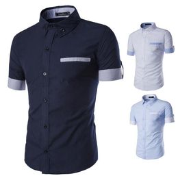 Korean Style Men Shirt Print Slim Fit Dress Shirt Short Sleeve Summer Camisa