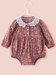 Baby Floral Print Contrast Guipure Lace Bishop Sleeve Bodysuit SHE