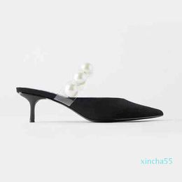 Sandals Dress Shoes Pumps Light Luxury Fashion High Heeled Shoes Women Summer Pointed Pearl Fine Mid Heel Mules All Match Banquet Womens