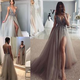 Light Grey Evening Dresses Sexy High V Neck Sequins Beads A Line Prom Dresses Custom Made Side Split Real Image Pageant Gown