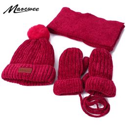 Kids Winter Pompom Beanie Hats Scarf Gloves Set Knitted Warm Thick Corchet Chenille Beanie and Scarf Mittens For Boys and Girls Y201024