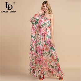 LD LINDA DELLA Summer Holiday Party Boho Maxi Dress Women's Off shoulder Chiffon Floral Print Ruffles Loose Elegant Long Dress LJ200818