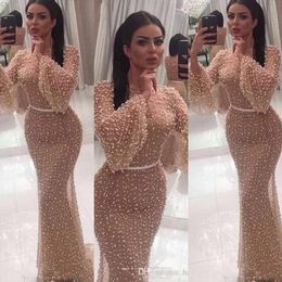 New Sexy Dubai Arabic Mermaid Long Sleeves Prom Dresses Illusion Pearls Champagne Jewel Neck Sheer Back Formal Evening Gowns Party Dress
