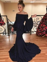 New Long Sleeves Black Prom Dresses Cheap Off The Shoulder Jersey Simple Court Train Formal Evening Dresses Party Gowns L130