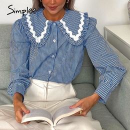 Simplee Vintage blue plaid turndown collar shirt Button long sleeve cotton blouse ladies Cute autumn winter women clothing 201130